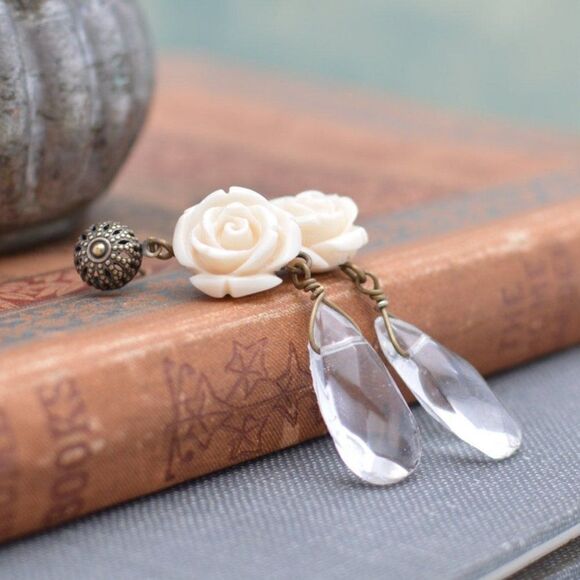 Cream Rose Earrings with Clear Acrylic Teardrop - Picture 1 of 4